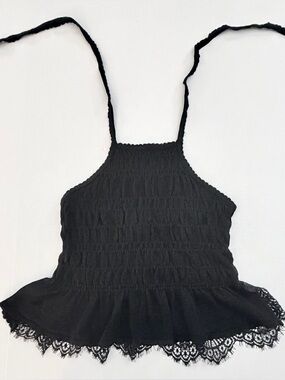 Anthropologie Black Smocked Lace-Trim Cami Size Small